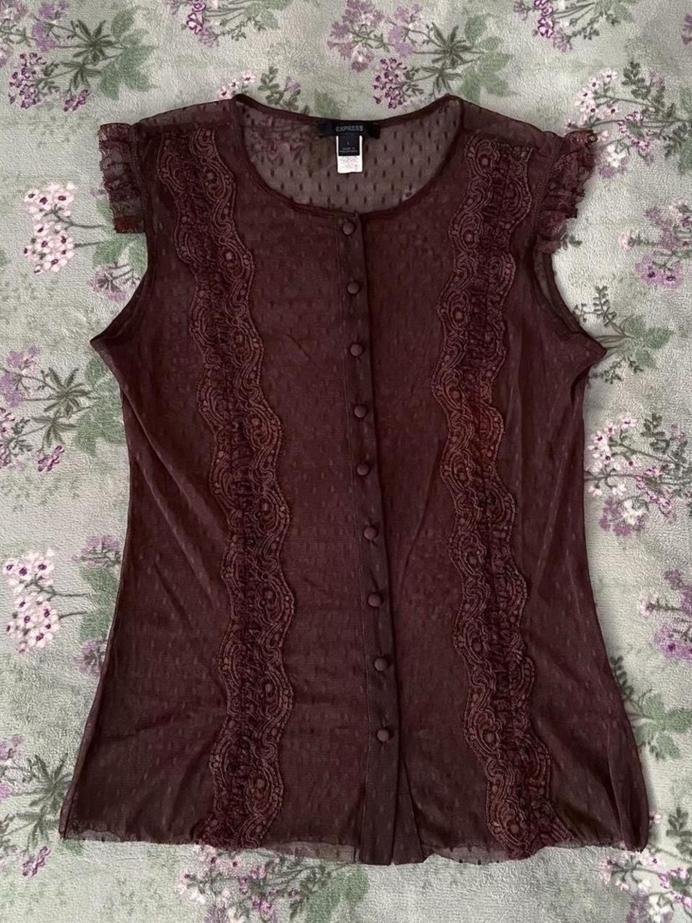 Vintage Express Y2K Brown Sheer Lace Polka Dot Fairy Ruffle Blouse 🤎🧚‍♂️